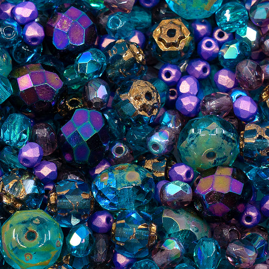 OUTLET 10 grams Faceted Round & Cathedral Fire Polished Bead Mix, mix, Blue Purple Mix (MIX 04), Glass, Czech Republic