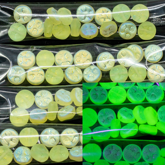 OUTLET 10 grams Pressed Beads Moon Face, Transparent Yellow Matte Ab (80130-84100-28701), Glass, Czech Republic