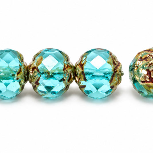 Faceted Fire Polished Beads Special Cut, Transparent Aqua Picasso (60020-43400), Glass, Czech Republic