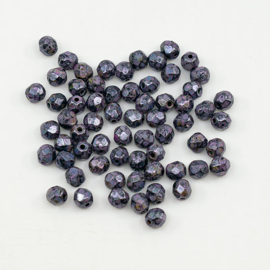 OUTLET 10 grams Faceted Round Fire Polished Beads, Black Pink Beige Luster Spotted (23980-65323), Glass, Czech Republic