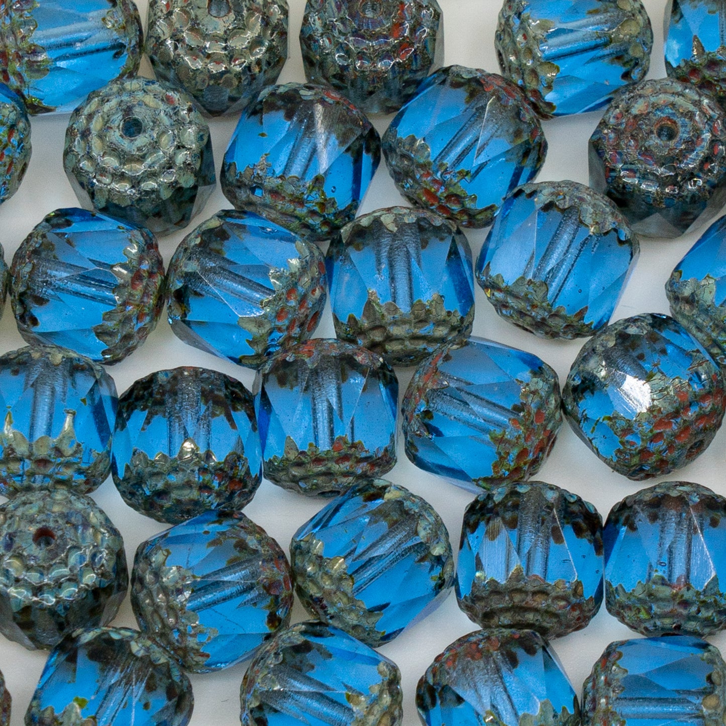 アウトレット 10グラム カテドラルファセットファセットファイアポリッシュビーズ、10 x 10 mm、透明ブルーステインストロング（30020-86805）、ガラス、チェコ共和国