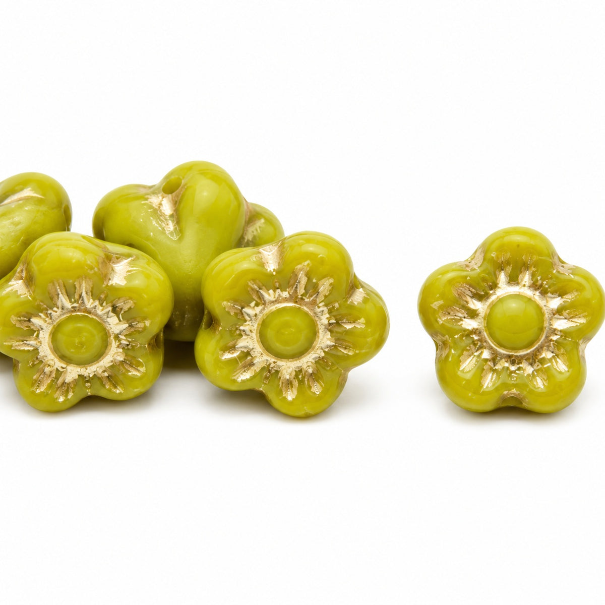 Forget Me Not Beads, Opaque Green Matte Gold Lined (53400-84110-54202), Glass, Czech Republic