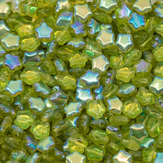 OUTLET 50g Flat Star Beads, 6 x 6 mm, Transparent Green Ab (50220-28701), Glass, Czech Republic