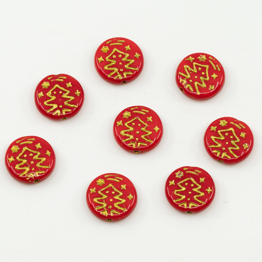 OUTLET 250g Coin Bead With Christmas Tree, 14 x 14 mm, Opaque Red Gold Lined (93200-54202), Glass, Czech Republic