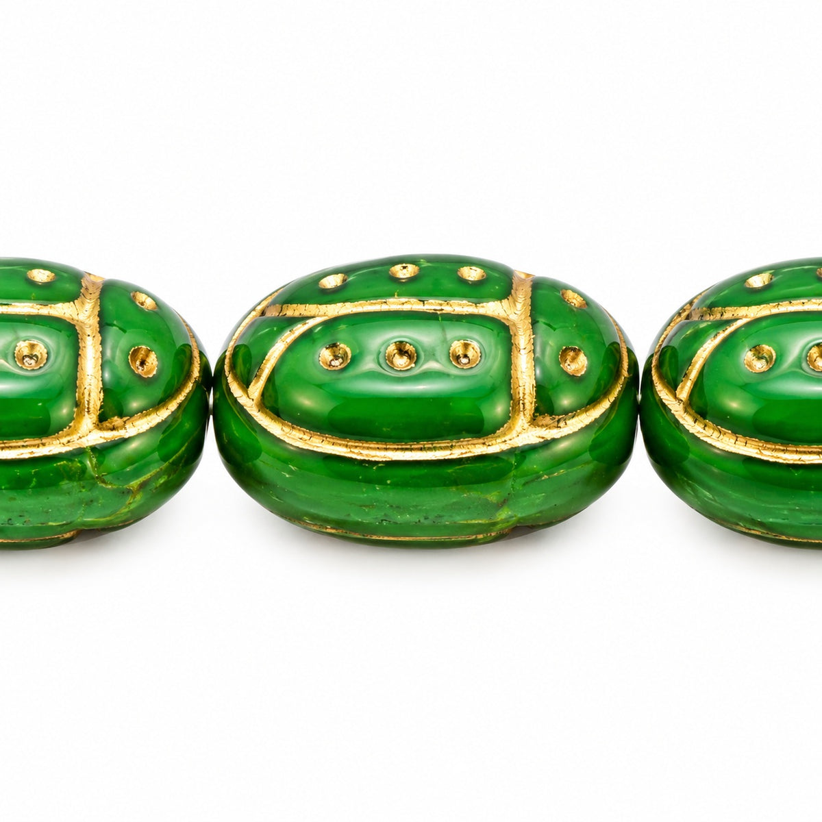Ladybird Beads, Opaque Green Gold Lined (53230-54202), Glass, Czech Republic
