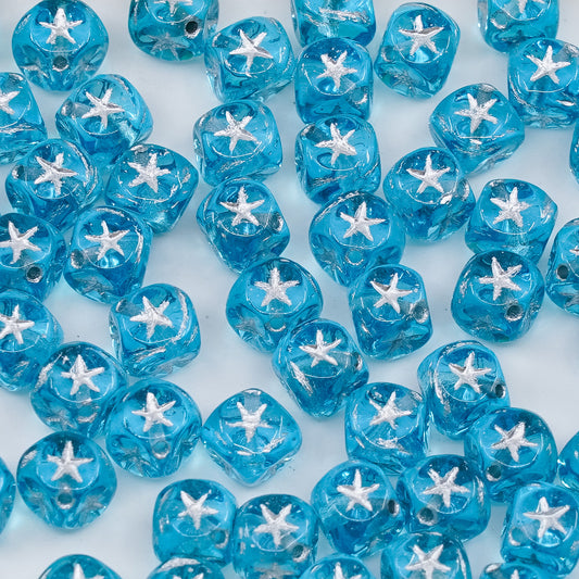 OUTLET 250g/50g Cube Beads With Stars, 7 x 7 mm, Transparent Aqua Silver Lined (60010-54201), Glass, Czech Republic