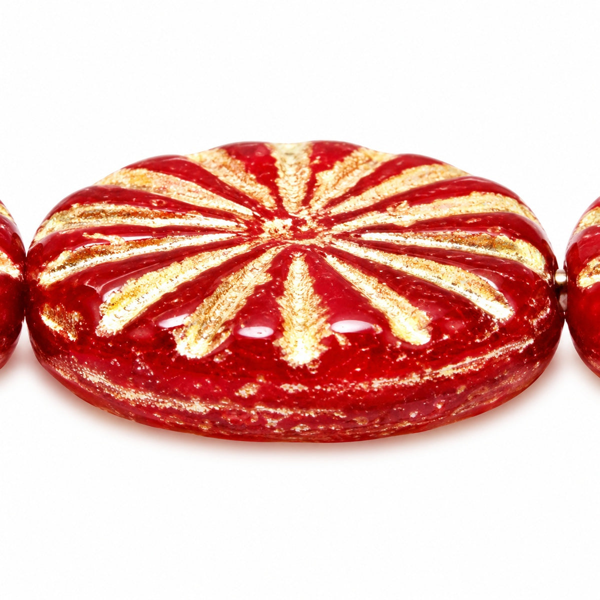 Flat Oval Pressed Glass Beads With Rays, Opal Red Gold Lined (91250-54202), Glass, Czech Republic