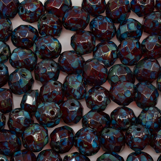 OUTLET 250g Faceted Round Fire Polished Beads, 8 x 8 mm, Ruby Red Travertin (90080-86800), Glass, Czech Republic