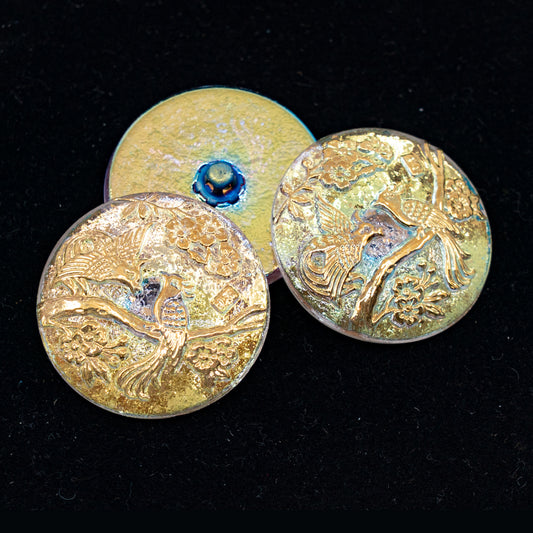OUTLET 1 pcs Czech Glass Handmade Button, s12 x 27 mm, Birds Ab Gold (birds-AB-gold), Glass, Czech Republic