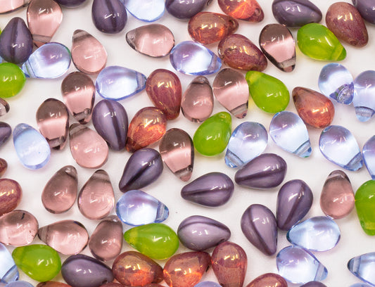 Glass Beads Mix, 6x9mm, Teardrop Opal Green Silk Dirty Lavender Violet