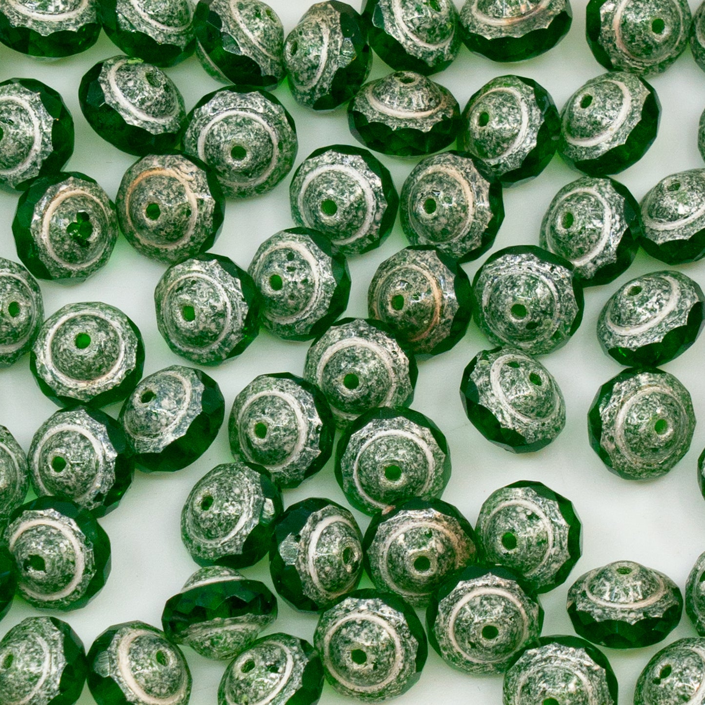 OUTLET 10g Faceted Special Cut Beads, 6 x 8 mm, Transparent Green Emerald Antique Silver Patina (50060-81002), Glass, Czech Republic
