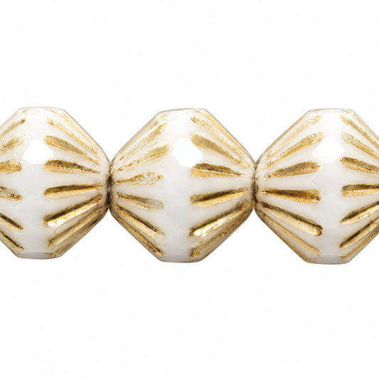 Fire Polished Faceted Lanthern Beads, Chalk White Gold Lined (03000-54202), Glass, Czech Republic
