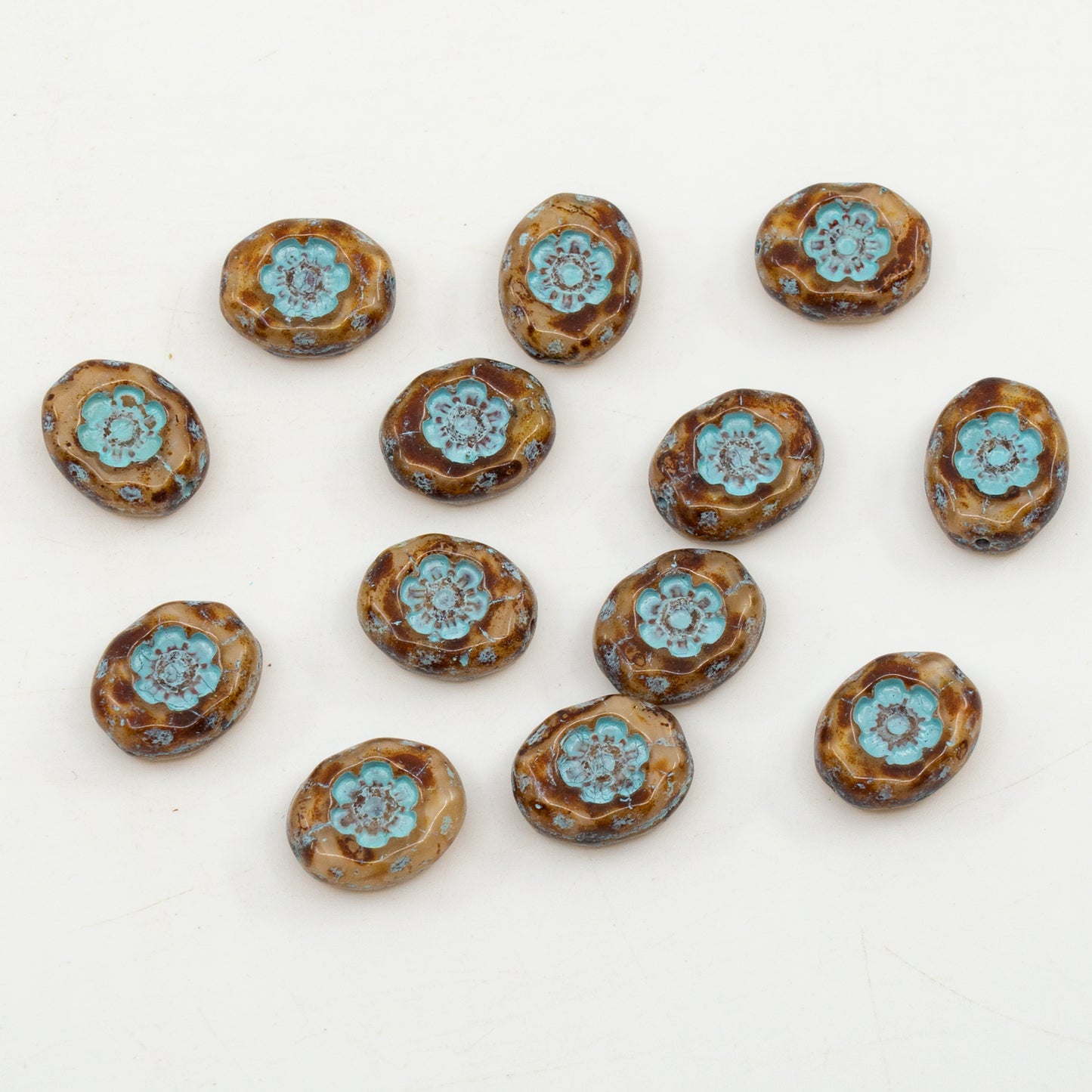 OUTLET 10 grams Two Bell Beads, 14 x 11 mm, Silky Beige Light Blue Lined (16007-54308), Glass, Czech Republic