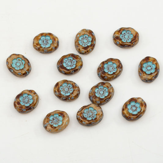 OUTLET 10 grams Two Bell Beads, 14 x 11 mm, Silky Beige Light Blue Lined (16007-54308), Glass, Czech Republic