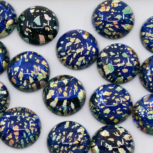 OUTLET 1 pcs Glass Crystal Stone VINTAGE, 14 x 14 mm, At Back Blue With Golden Flakes (flat-back-blue-with-golden-flakes), Glass, Czech Republic