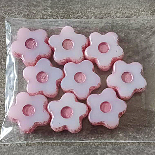 奥特莱斯 10克 桌面切割花形珠子，带点，13 x 13毫米，白粉色（02010-粉色），玻璃，捷克共和国
