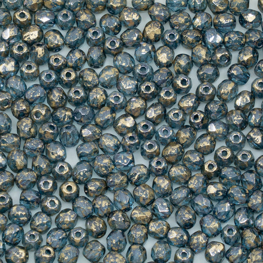 OUTLET 50g Faceted Round Fire Polished Beads, 4 x 4 mm, Blue Gold (), Glass, Czech Republic