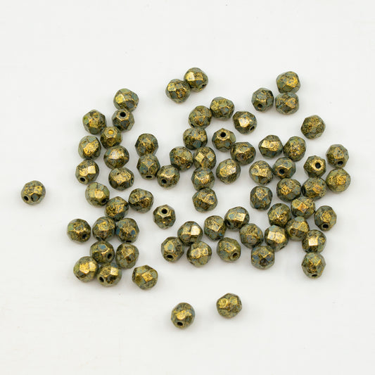奥特莱斯 10克多面圆形火抛光珠，黑金光泽斑点（23980-65322），玻璃，捷克共和国
