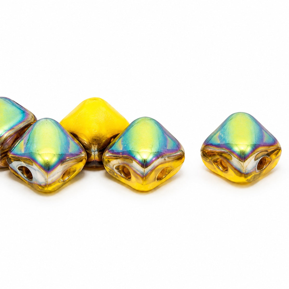 Silky 2-Hole Square Beads, Bright Yellow Crystal Vitrail Medium Coating (83130-28101), Glass, Czech Republic