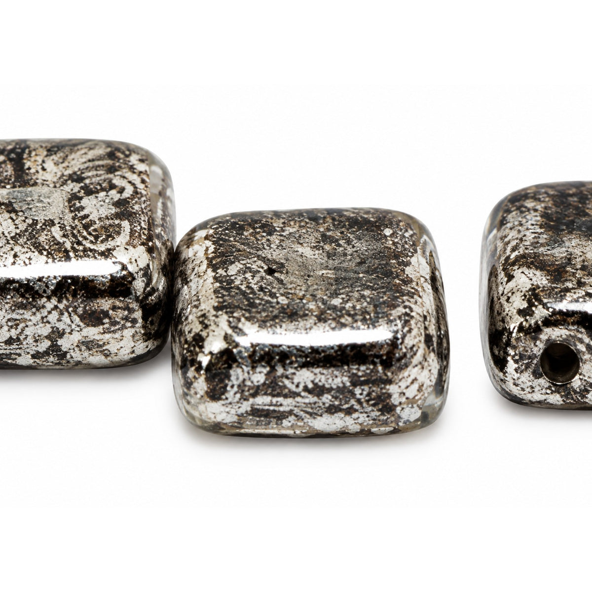 Tile 2-Hole Beads, Black Picasso (23980-43400), Glass, Czech Republic