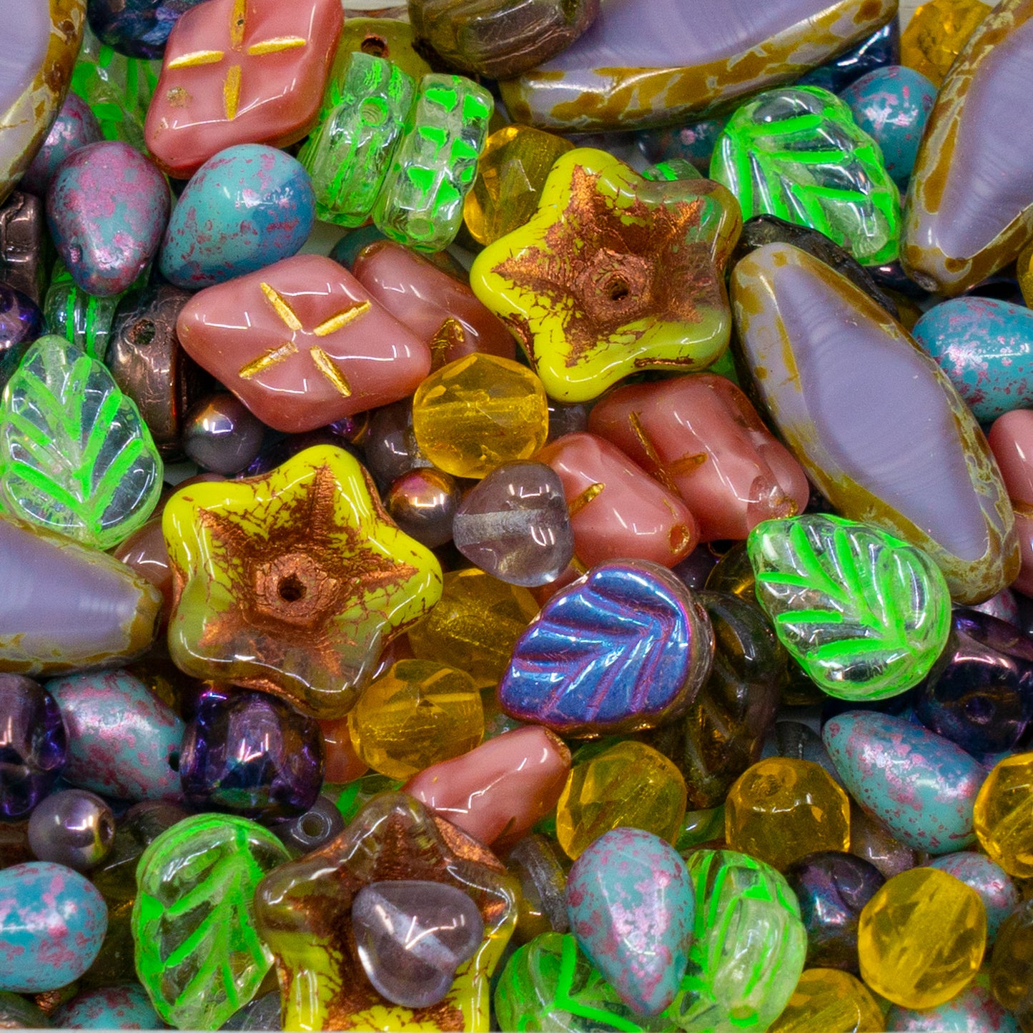 LIMITED Mix of Czech Glass Beads, Hand Made Set Kit, Purple Spindl Yellow Petunia Glass Beads mix 001