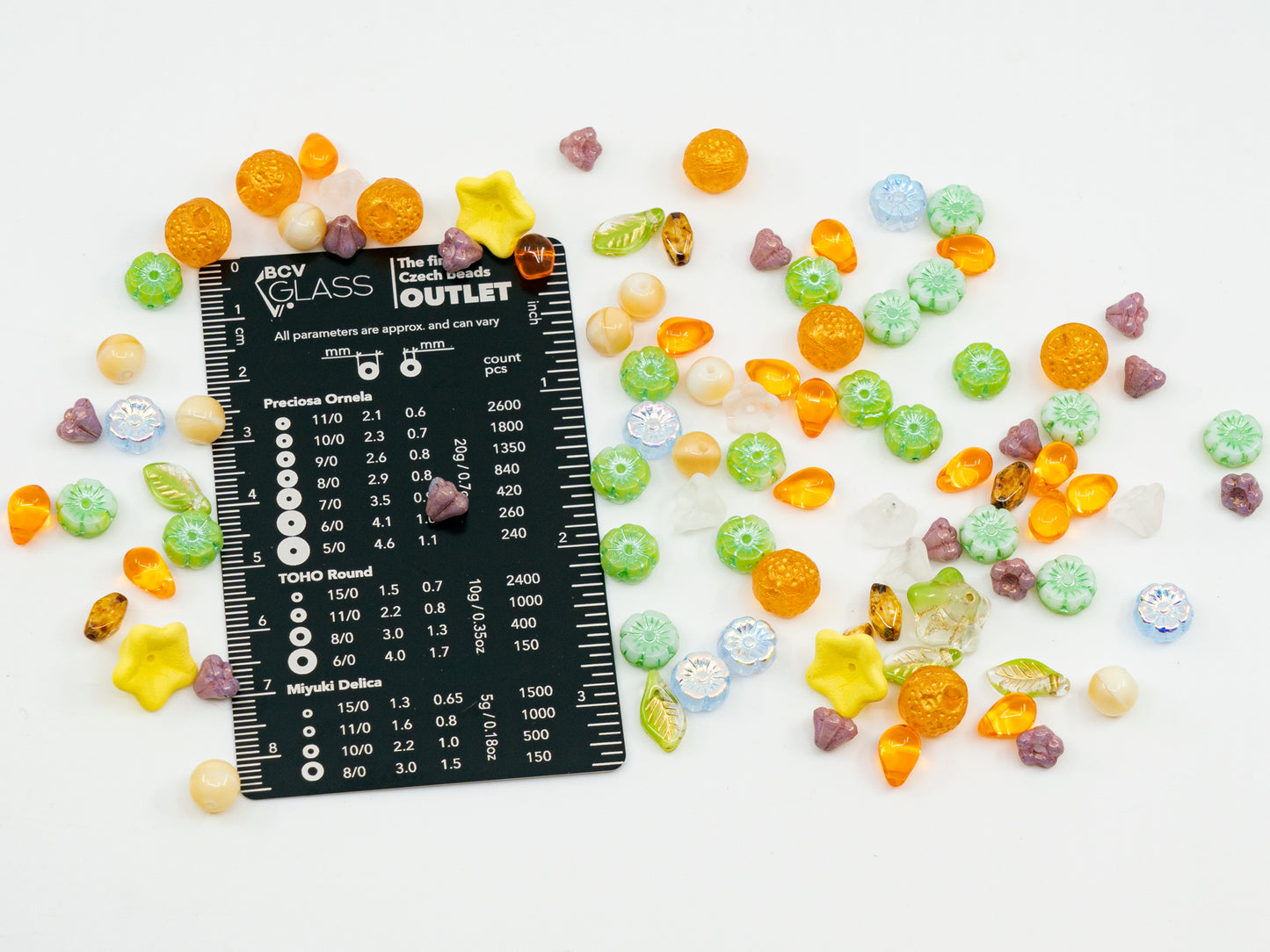 LIMITED Mix of Czech Glass Beads, Hand Made Set Kit, Green Leaves Beads Yellow Petunia Orange