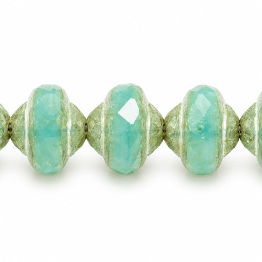 Faceted Special Cut Beads Ufo, Opal Aqua Antique Silver Patina (61100-81002), Glass, Czech Republic