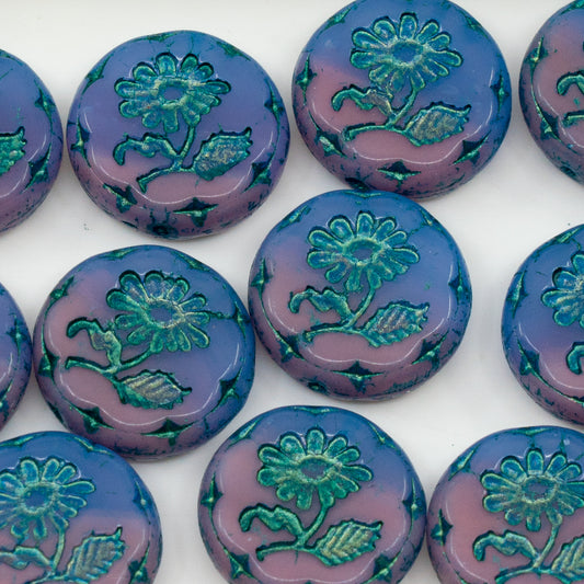 OUTLET 10 grams Round Flat With Flower Marguerite Pressed Glass Beads, 18 x 18 mm, Opal Pink 22310 54560 (72010-22310-54560), Glass, Czech Republic