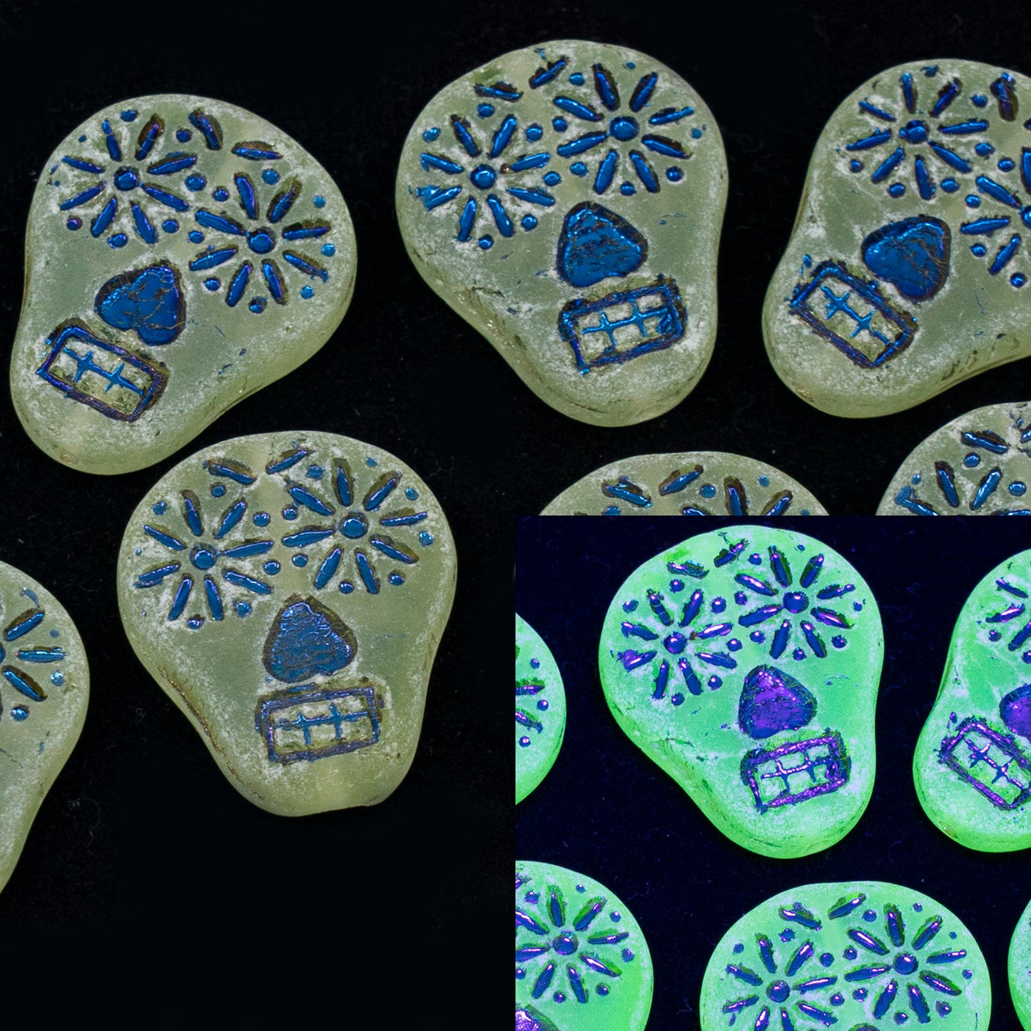 OUTLET 10 grams Sugar Skull Beads, Transparent Yellow Sliperit Full (2X Side) Matte (80130-29503-84100), Glass, Czech Republic