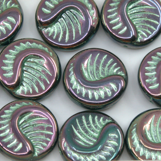 OUTLET 250g/50g Fossil Coin Beads, 19 x 19 mm, Black Full Apricot  Green Lined (23980-29123-54322), Glass, Czech Republic