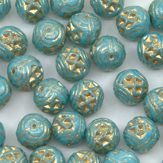 OUTLET 250g/50g Ornamental Ball Round Beads, 9 x 9 mm, White Gold Lined Light Aqua Blue (02010-54302-34308), Glass, Czech Republic