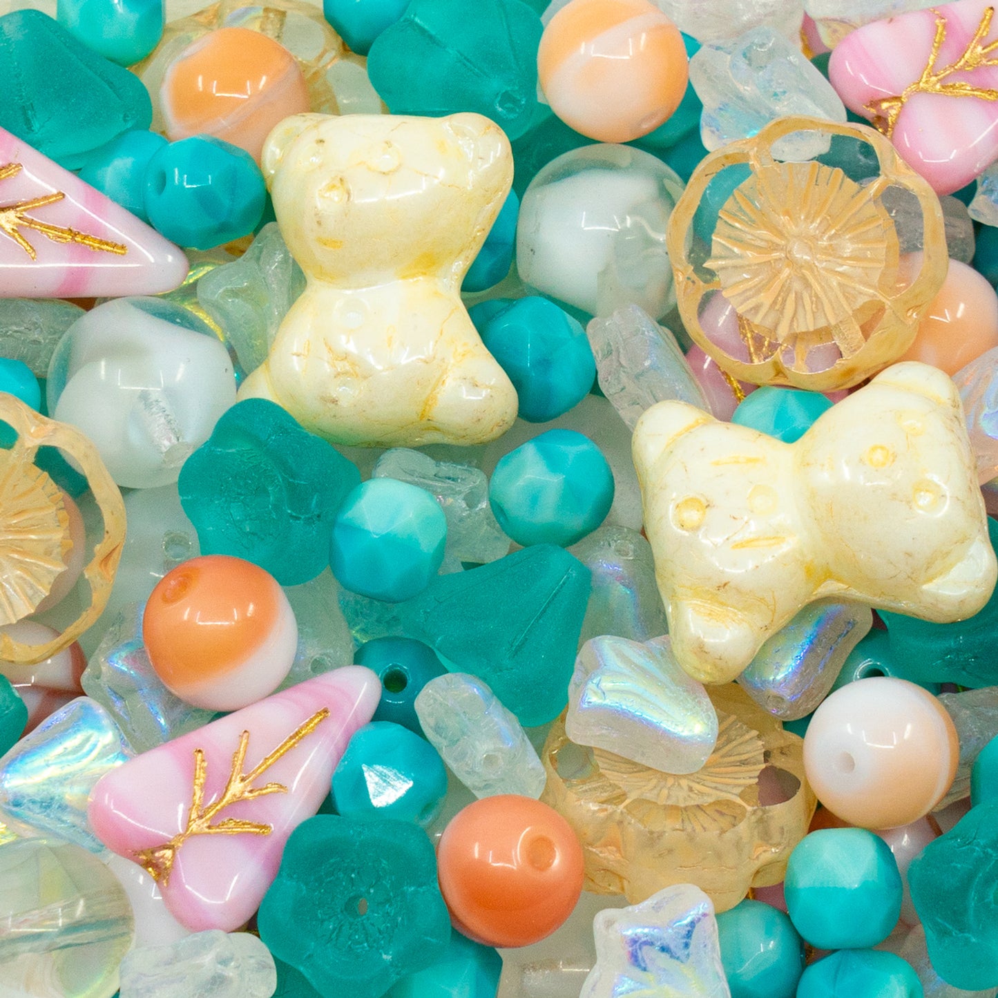 チェコガラスビーズミックス限定品、ハンドメイドキット、パープル・スピンドル、イエロー・ペチュニア、ピンク・ターコイズ・ベージュ・ベアガラスビーズミックス