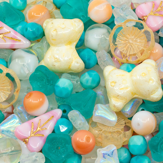 LIMITED Mix of Czech Glass Beads, Hand Made Set Kit, Purple Spindl Yellow Petunia Glass Beads mix pink-turqs-beige-bear