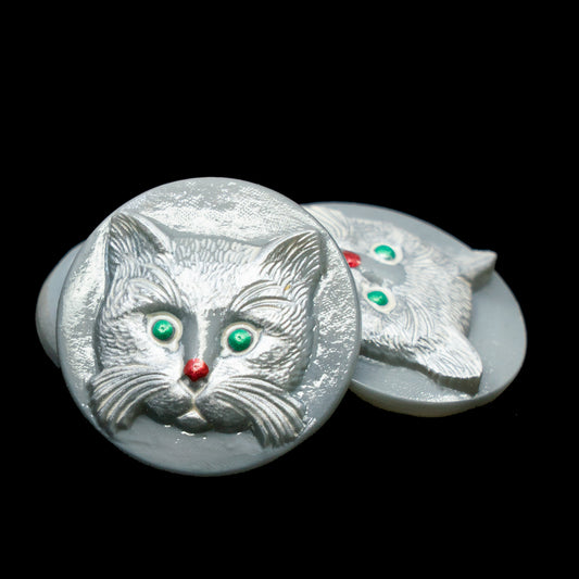 OUTLET 1pc Czech Glass Handmade Button, Size 10 (22.5 mm), Animal Design - Gray Cat