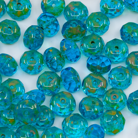 OUTLET 250g/50g Faceted Rondelle Fire Polished Beads, 7 x 9 mm, Transparent Aqua Travertin (60020-86800), Glass, Czech Republic