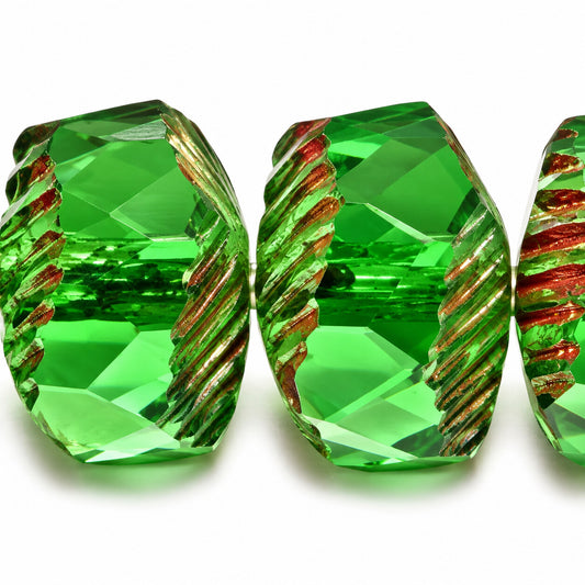 Faceted Special Rondelle Beads Fire Polished, Transparent Green Stain Strong (50110-86805), Glass, Czech Republic