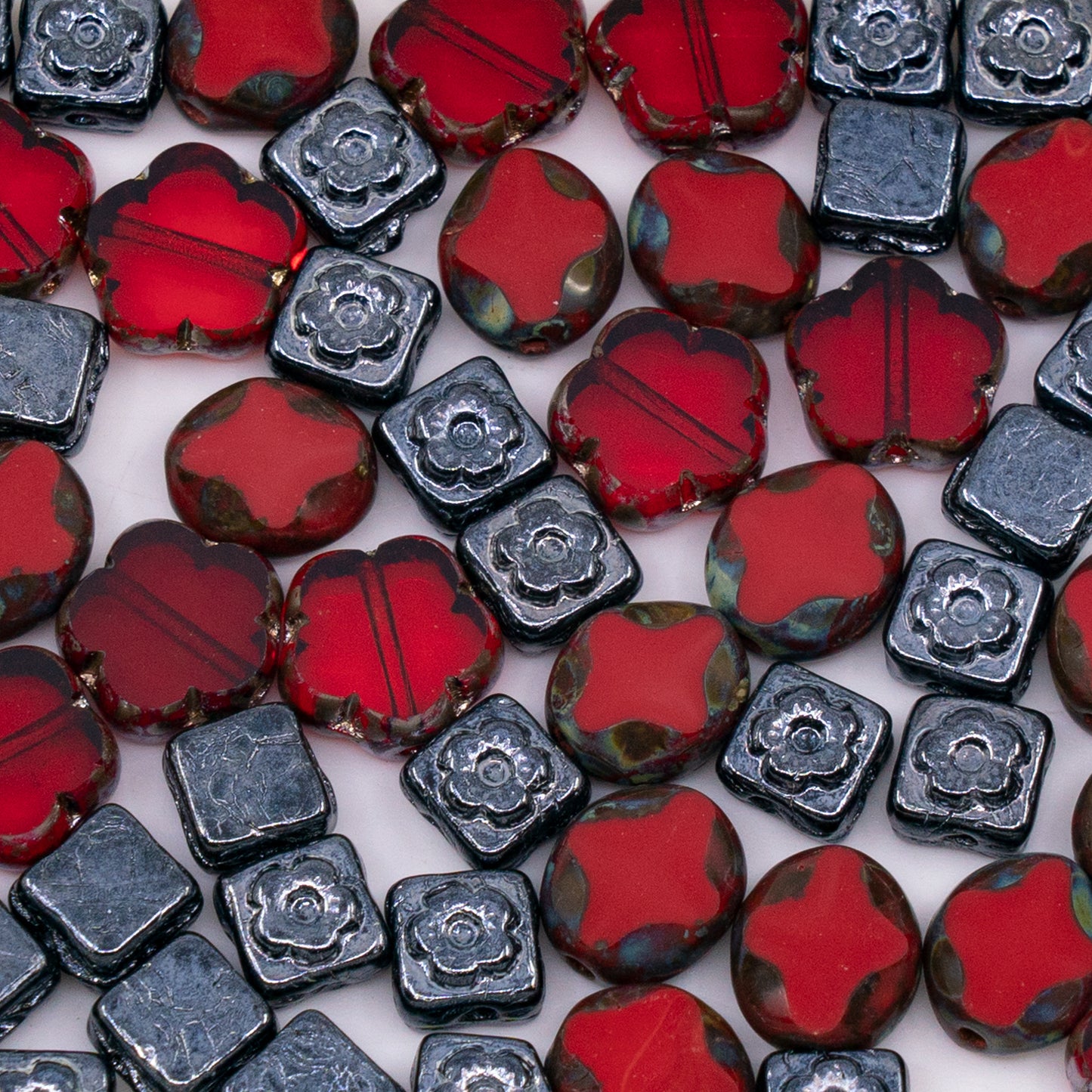 OUTLET 50 grams Mix of pressed and Table Cut Beads, size mix, Red Hematite Mix (), Glass, Czech Republic