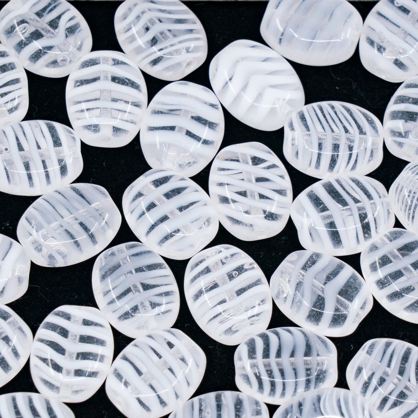 OUTLET 250g/50g Pressed Beads, 11 x 9 mm, White Striped (WHITE-STRIPED), Glass, Czech Republic