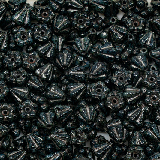 アウトレット 250g ベルフラワービーズ、4 x 6 mm、ブラックトラバーチンシルバーライニング（23980-86800-54201）、ガラス、チェコ共和国