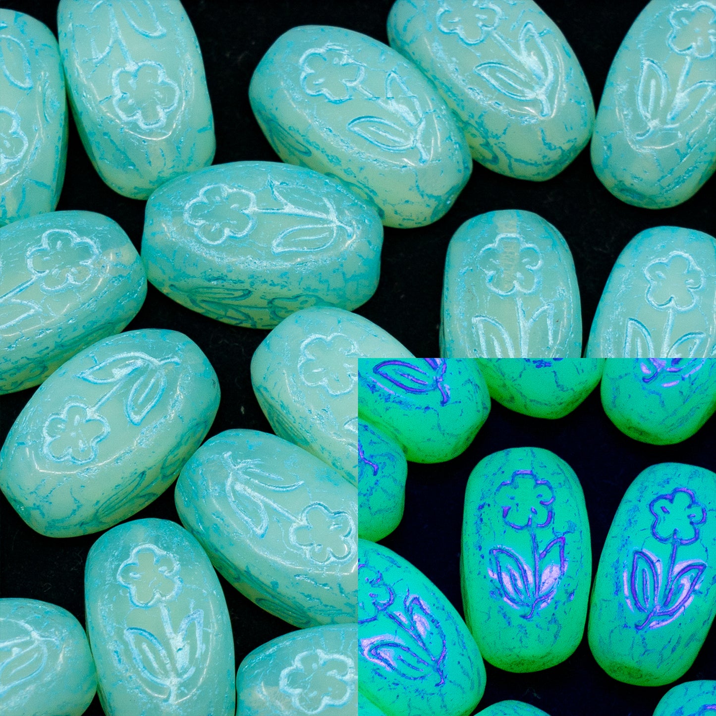 OUTLET 250g/50g Rectangular Oval With Flower Beads, 16 x 11 mm, Opal Yellow White Lined (81000-54300), Glass, Czech Republic