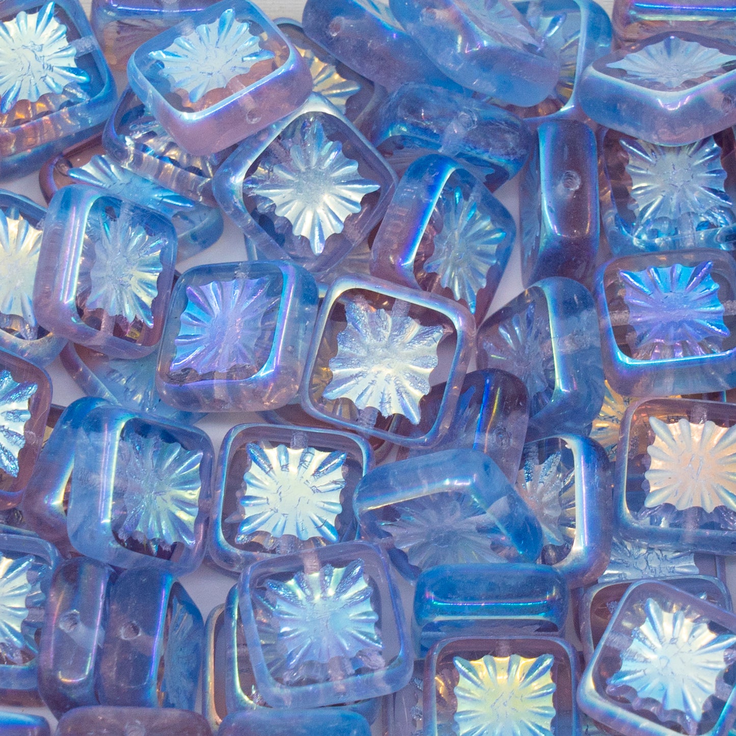 OUTLET 250g/50g Table Cut Square Kiwi Beads, 10 x 10 mm, Transparent Light Amethyst Transparent Blue Ab Full (2X Side) (20030-30020-28703), Glass, Czech Republic