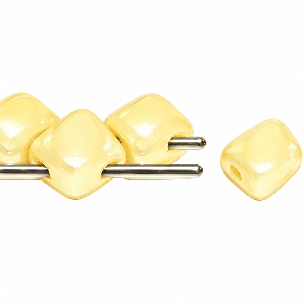 Silky 2-Hole Square Beads, White Laser Etched Decor On Cream (02010-25039), Glass, Czech Republic