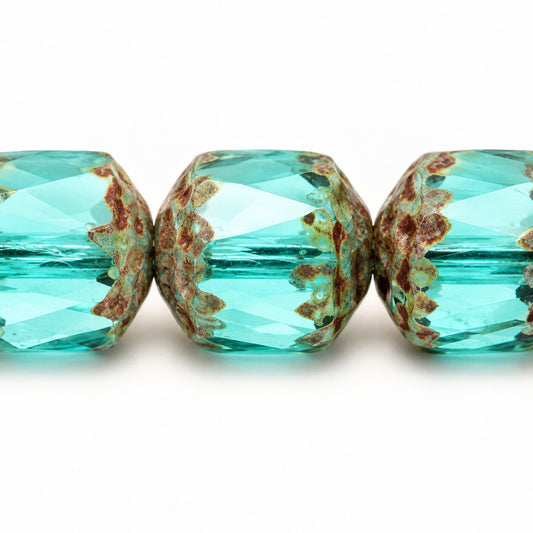 Cathedral Faceted Fire Polished Beads, Transparent Aqua Stain Strong (60110-86805), Glass, Czech Republic