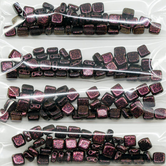 OUTLET 10 grams 2-Holes Pressed Tile Beads, 6 x 6 mm, Magenta With Glitter (magenta-with-glitter), Glass, Czech Republic