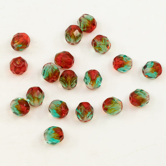 アウトレット 10グラム ファセットラウンドファイアポリッシュビーズ、ルビーレッド透明アクア（90080-60020）、ガラス、チェコ共和国