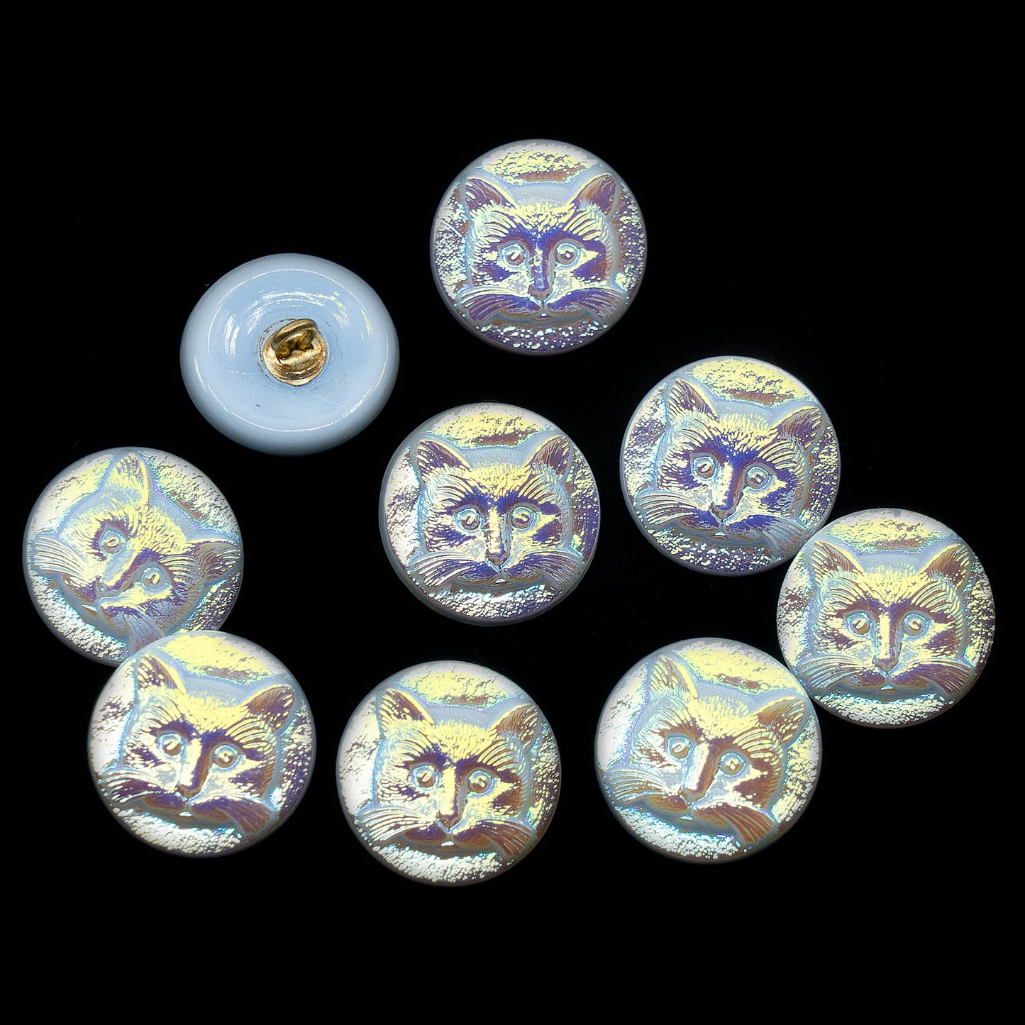 OUTLET 1pc Czech Glass Handmade Button, Size 8 (18 mm), Animal Design - Gray AB Cat
