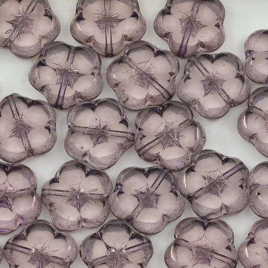 OUTLET 10克桌面切割花朵珠，14 x 14毫米，透明浅紫水晶青铜色（20000-14415），玻璃，捷克共和国