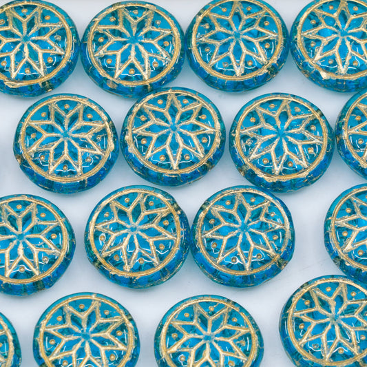 OUTLET 250g/50g Ressed Round Beads With Star Ornament, 13 x 13 mm, Transparent Aqua Gold Lined (60010-54302), Glass, Czech Republic