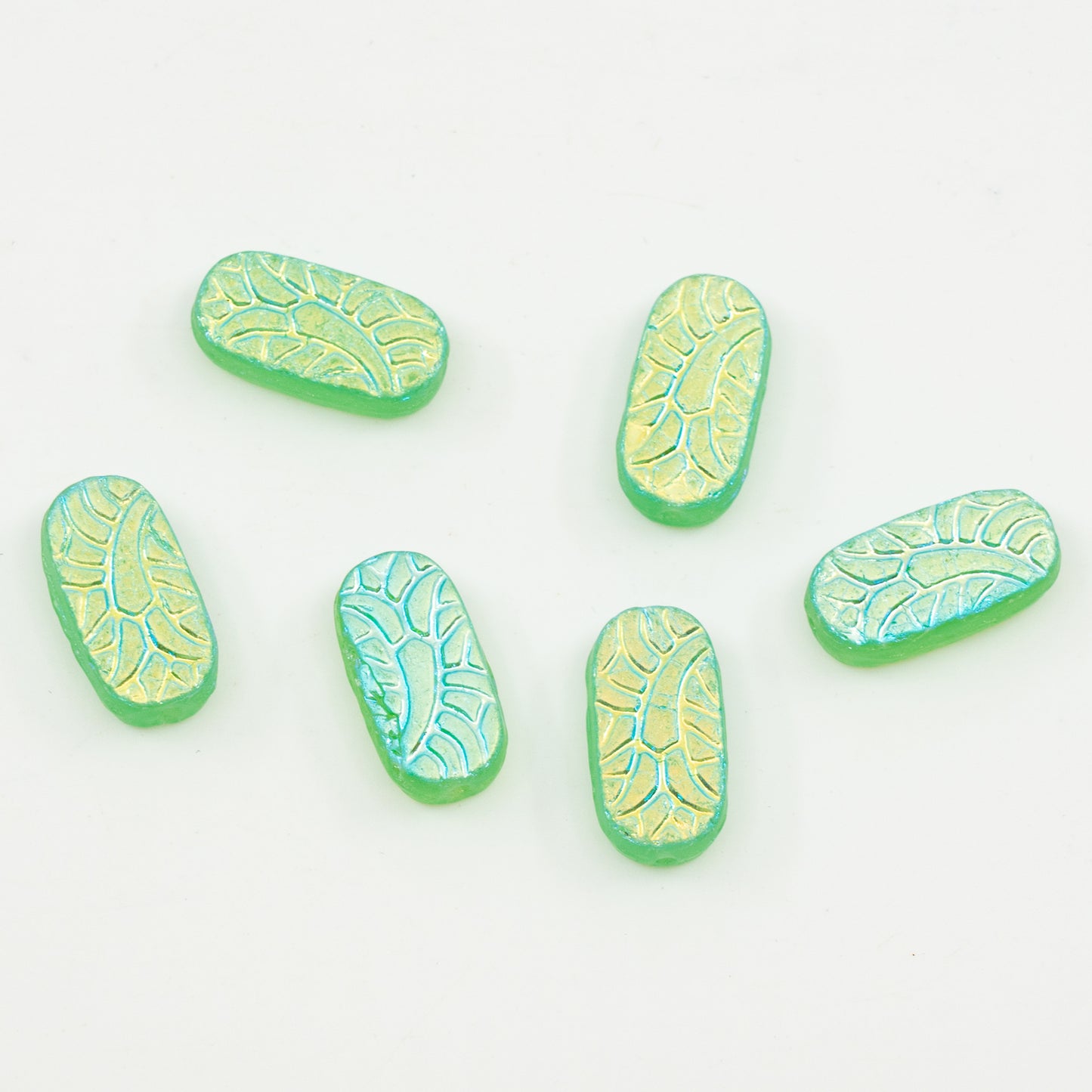 OUTLET 10 grams Rectangle With Ornament Pressed Glass Beads, 18 x 9 mm, Transparent Green Ab (50500-28701), Glass, Czech Republic