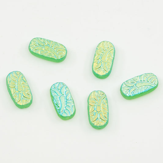 OUTLET 10 grams Rectangle With Ornament Pressed Glass Beads, 18 x 9 mm, Transparent Green Ab (50500-28701), Glass, Czech Republic